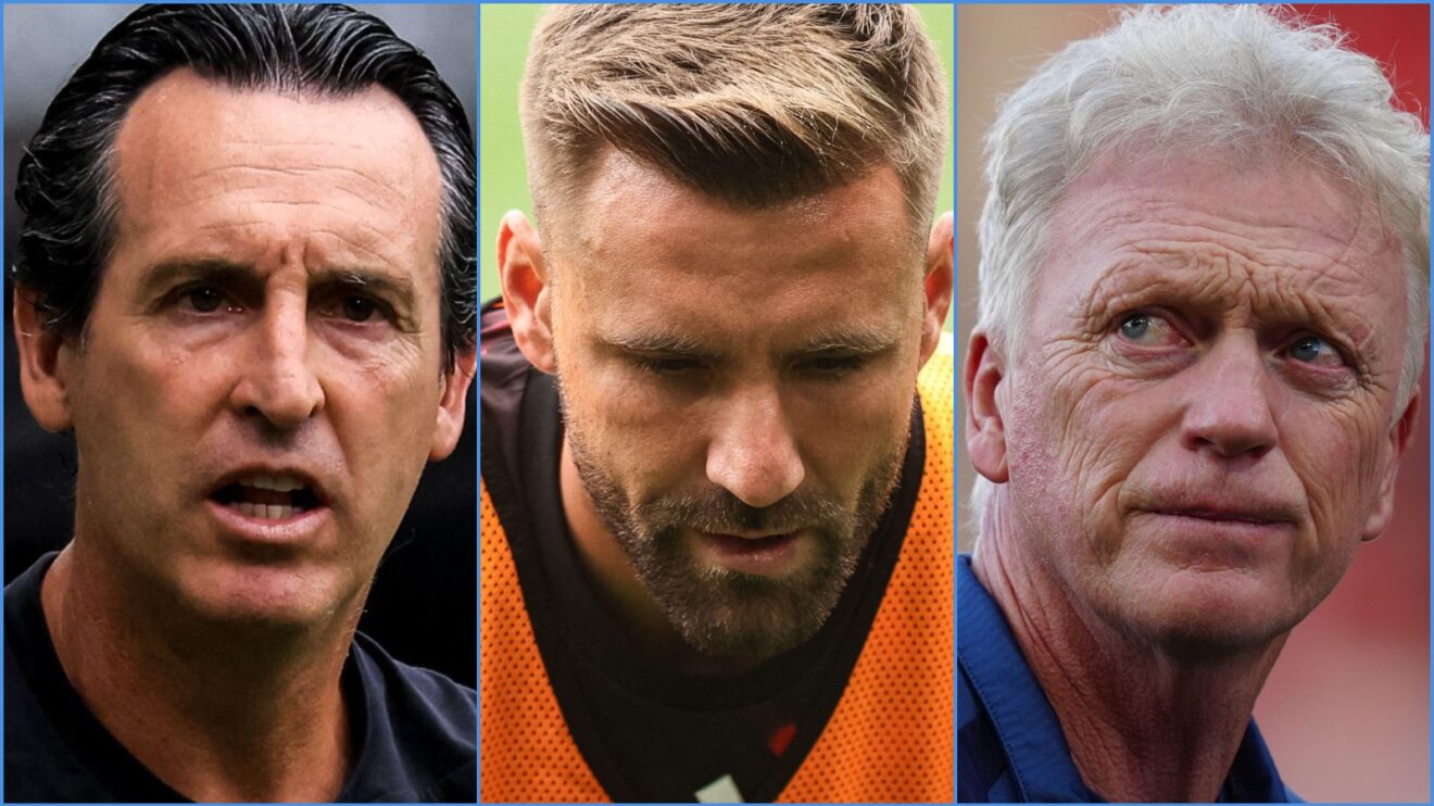 Aston Villa coach Unai Emery, Luke Shaw of Manchester United and Everton manager David Moyes