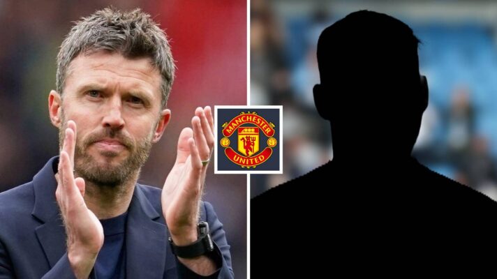 Split image of Manchester United manager Michael Carrick and a shadow, with the Manchester United badge in between - copyright F365