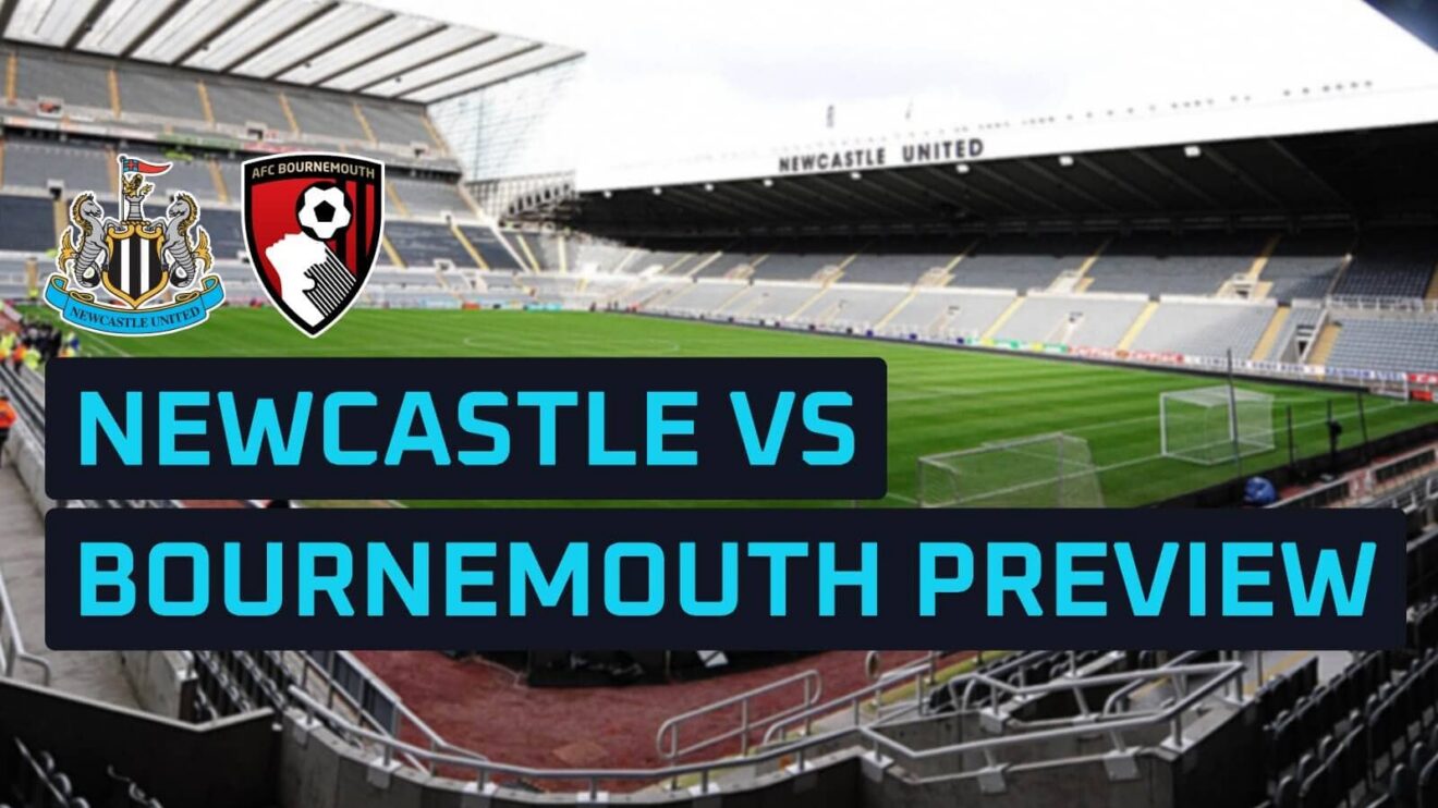Newcastle United and Bournemouth badges on a backdrop of St. James' Park