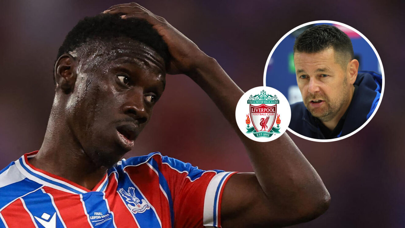 Crystal Royal dwelling winger Ismaila Sarr, Liverpool badge and also Pierre Sage - copyright F365