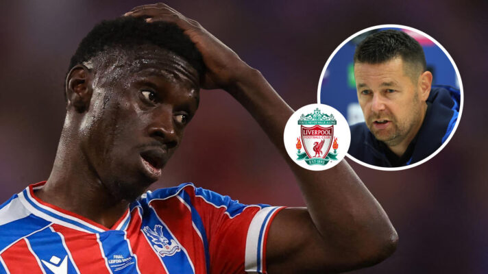 Crystal Palace winger Ismaila Sarr, Liverpool badge and Pierre Sage - copyright F365