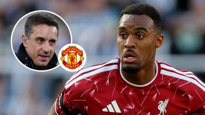 Gary Neville, Manchester United badge and Liverpool midfielder Ryan Gravenberch - copyright F365