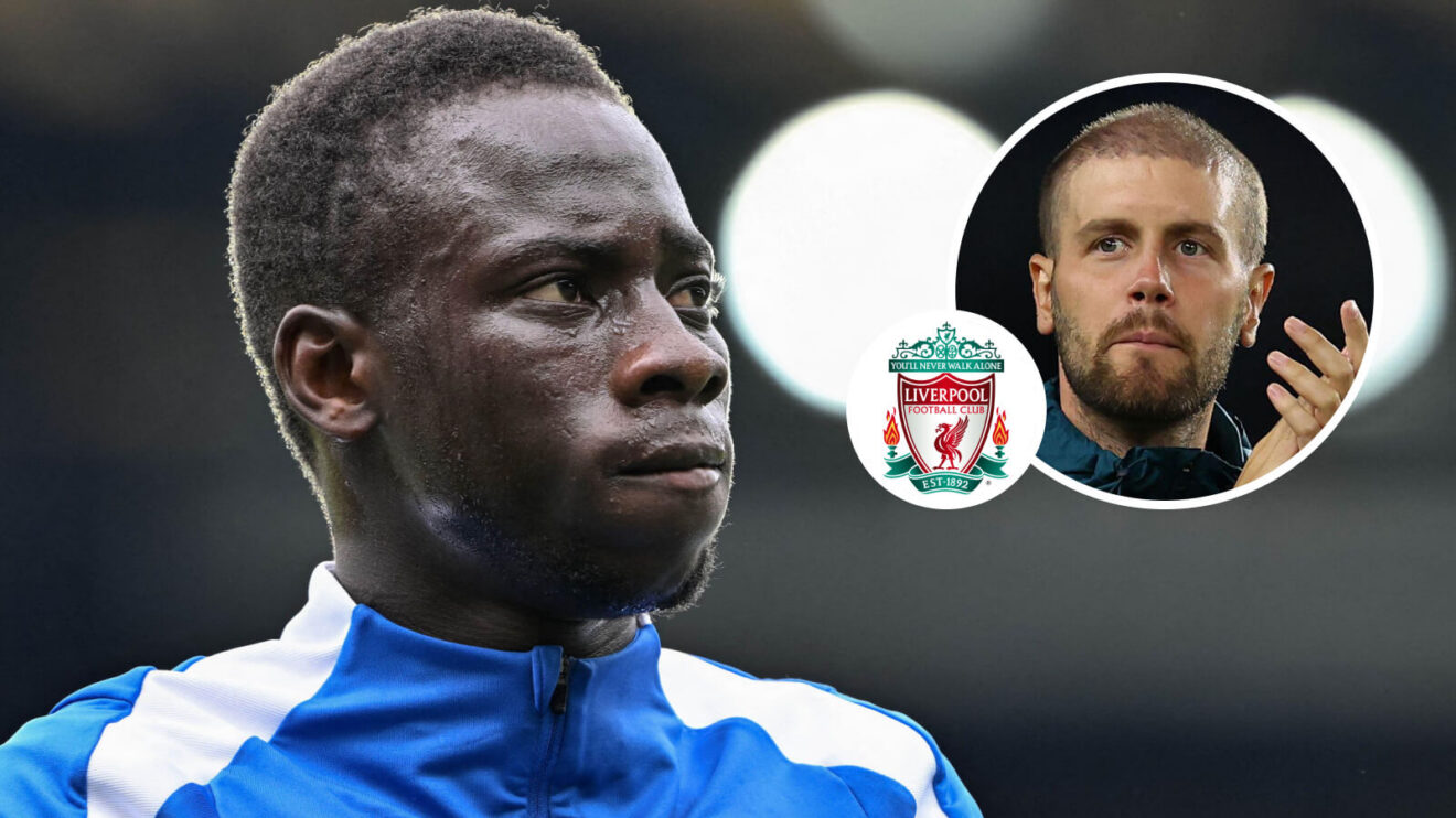 Brighton winger Yankuba Minteh, Liverpool badge and also manager Fabian Hurzeler – copyright F365