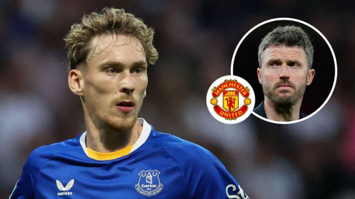 Everton midfielder James Garner, Manchester United badge and Michael Carrick - copyright F365