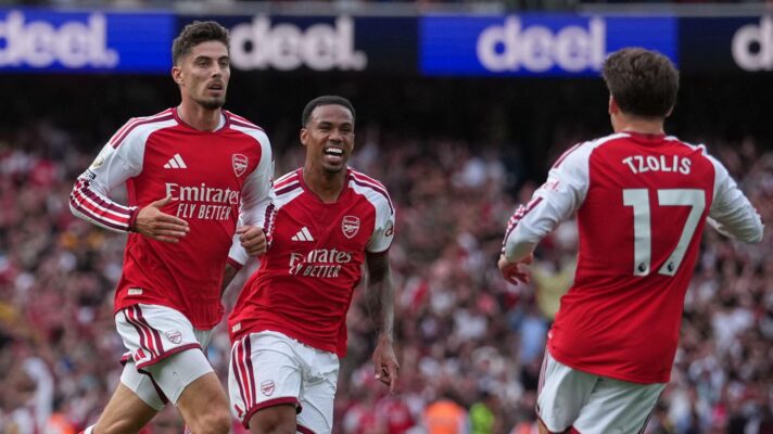 Arsenal players Kai Havertz, Gabriel and Tzolis