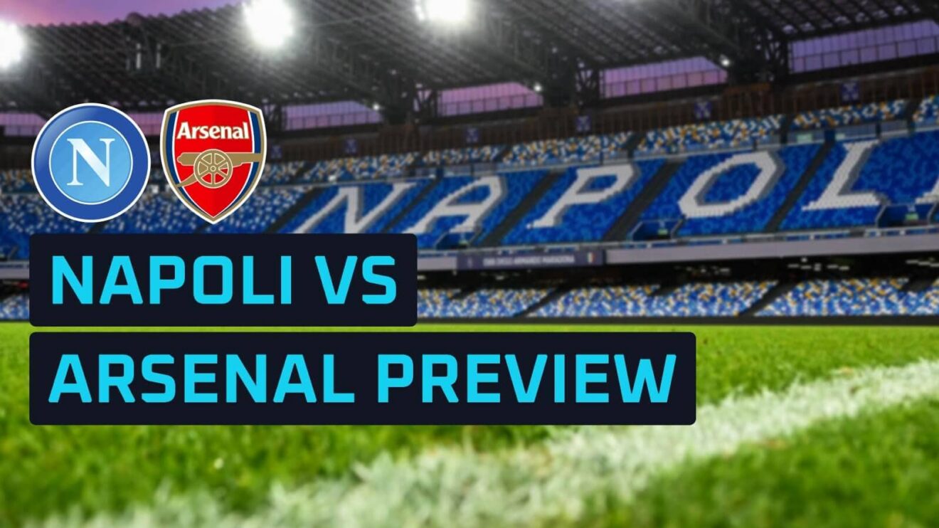 Napoli and Arsenal badges on a backdrop of the Stadio Diego Armando Maradona