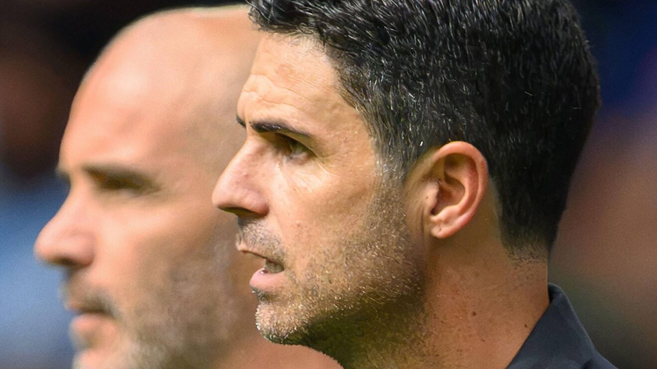 Arsenal manager Mikel Arteta with Manchester City coach Enzo Maresca in the background