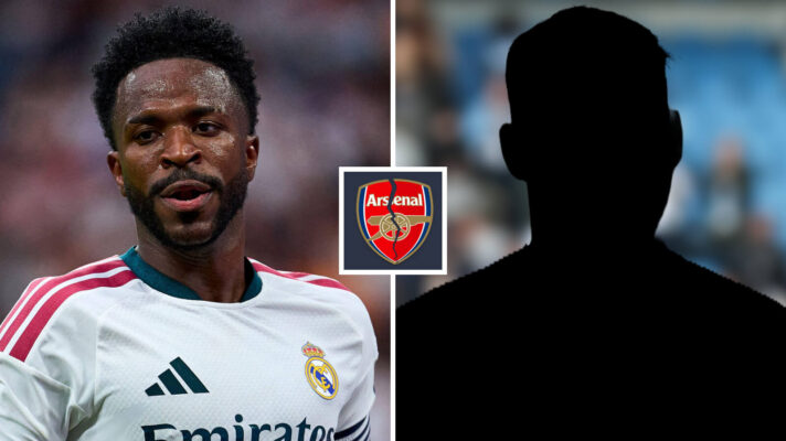 Split image of Real Madrid winger Vinicius Junior and a shadow, with the Arsenal badge in between - copyright F365