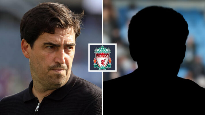Split image of Liverpool manager Andoni Iraola and a shadow, with the Liverpool badge in between - copyright TEAMtalk