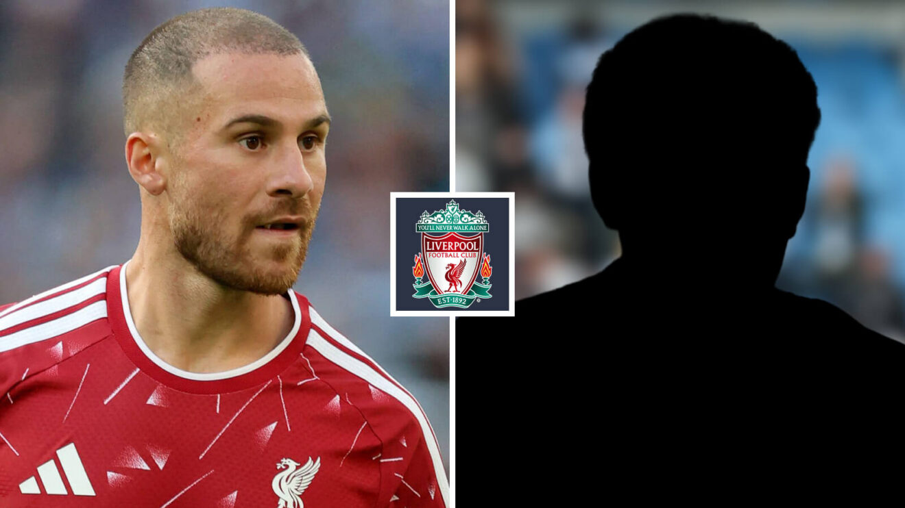 Pit image of Liverpool midfielder Alexis Mac Allister and also a shadow, with the Liverpool badge in between - copyright F365