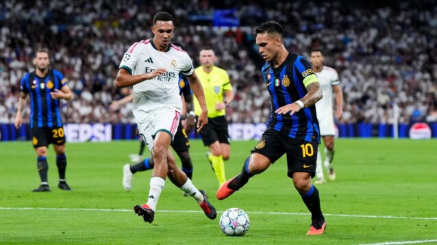 Madrid, Spain. 08th Sep, 2026. Trent Alexander-Arnold of Real Madrid CF and Lautaro Martinez of Inter Milan during the UEFA Champions League match, matchday 1, between Real Madrid and FC Inter de Milan played at Santiago Bernabeu Stadium on 8 Sep, 2026 in Madrid, Spain.