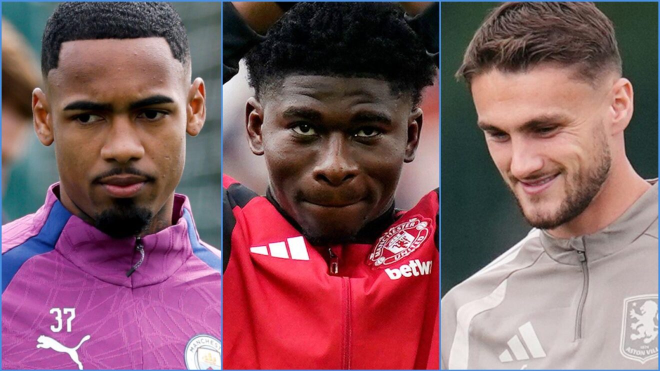 Allan of Manchester City, Man Utd midfielder Carlos Baleba and Aston Villa's Taylor Harwood-Bellis