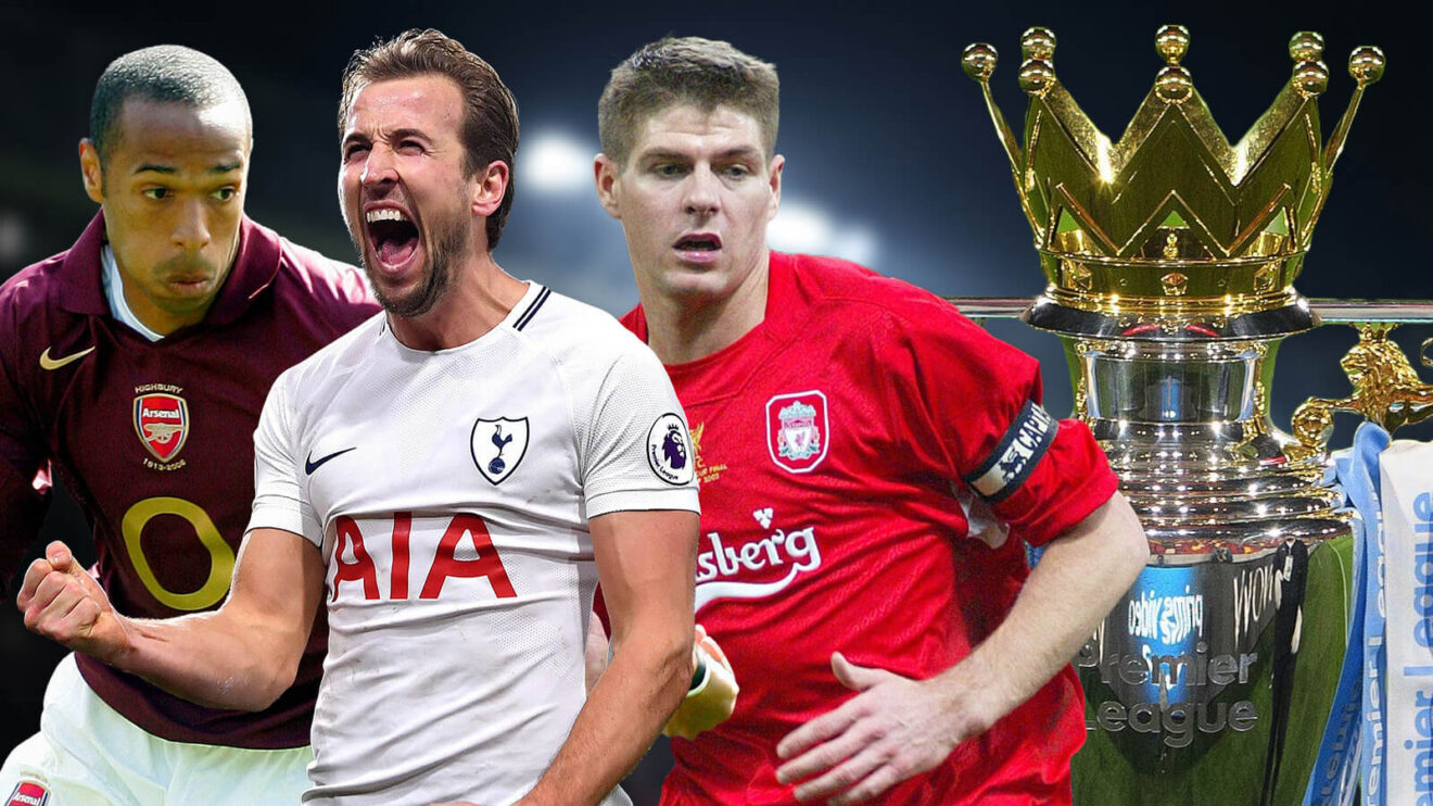 Harry Kane, Steven Gerrard and Thierry Henry with Premier League trophy.
