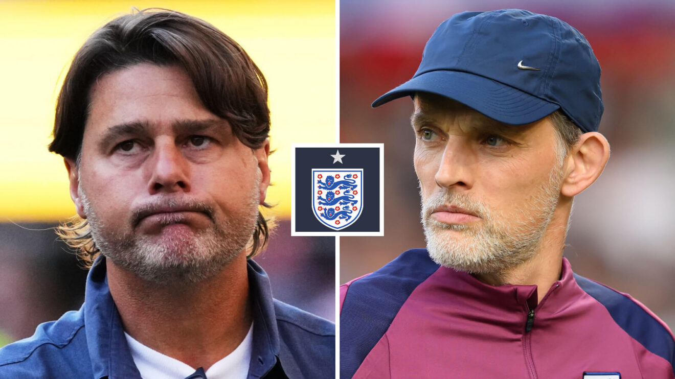 Split image of USA manager Mauricio Pochettino and England manager Thomas Tuchel with the England badge in between - copyright F365