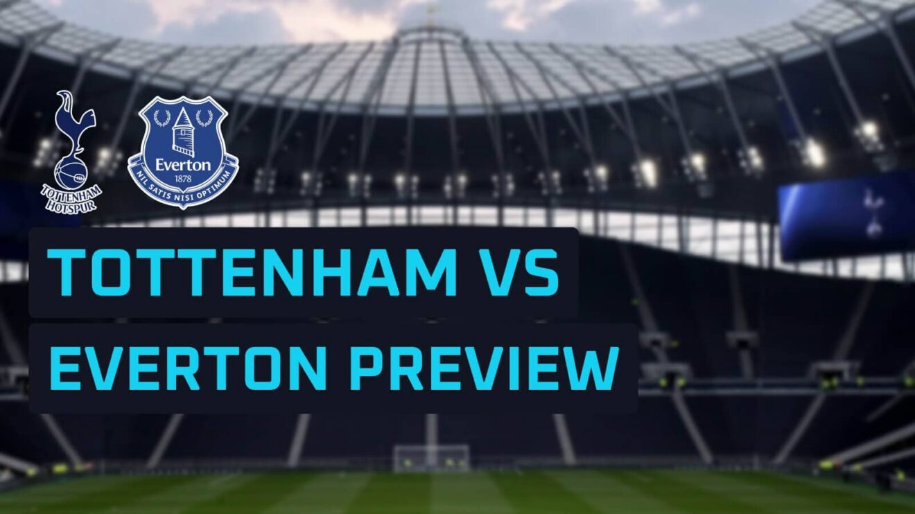 Tottenham and Everton badges on a backdrop of the Tottenham Hotspur Stadium