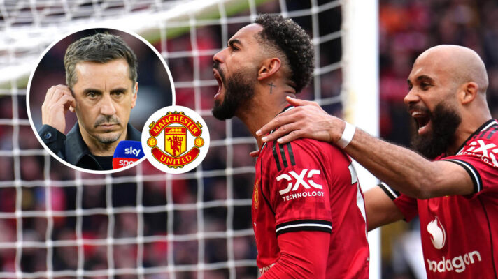 Gary Neville, Manchester United badge, Matheus Cunha and Bryan Mbeumo - copyright F365