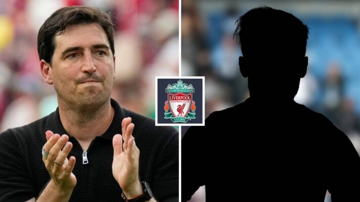 Split image of Liverpool manager Andoni Iraola and a shadow, with the Liverpool badge in between - copyright F365