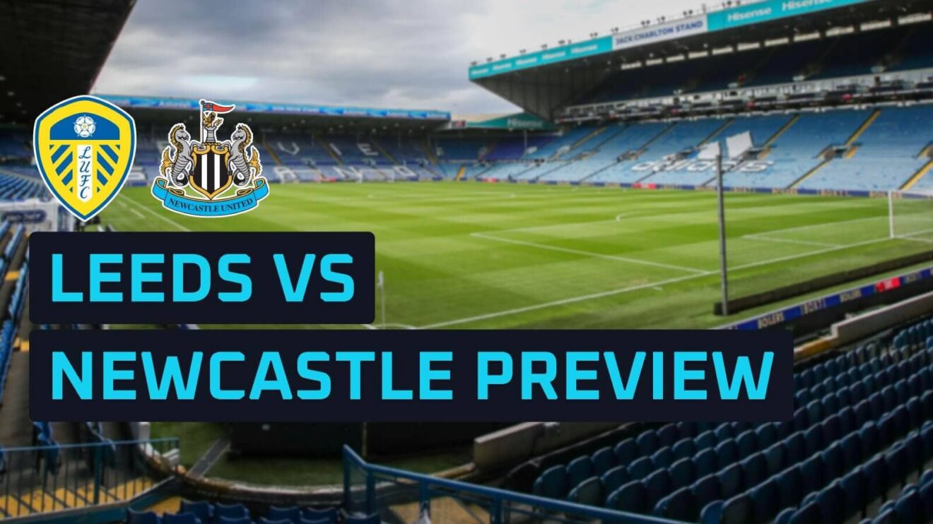 Leeds and Newcastle badges on a backdrop of Elland Road