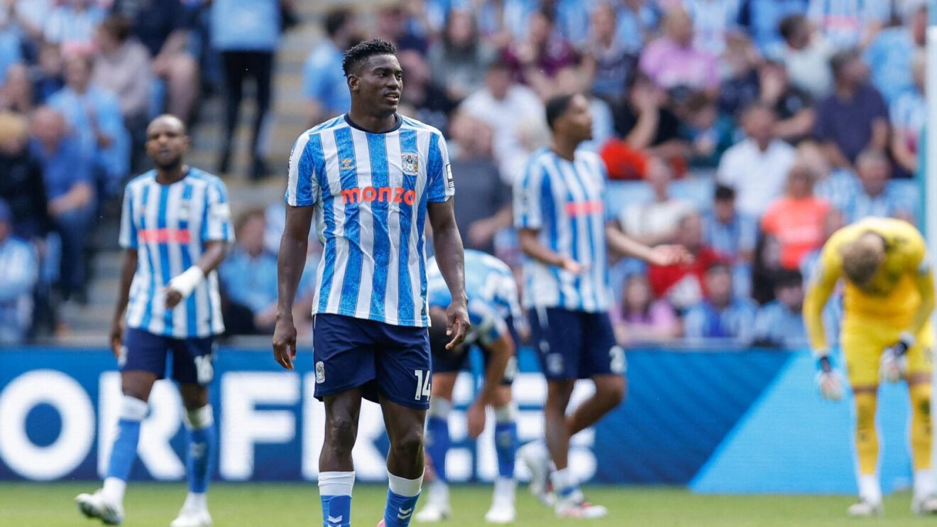 Coventry players react during a 5-0 Premier League defeat to Brighton