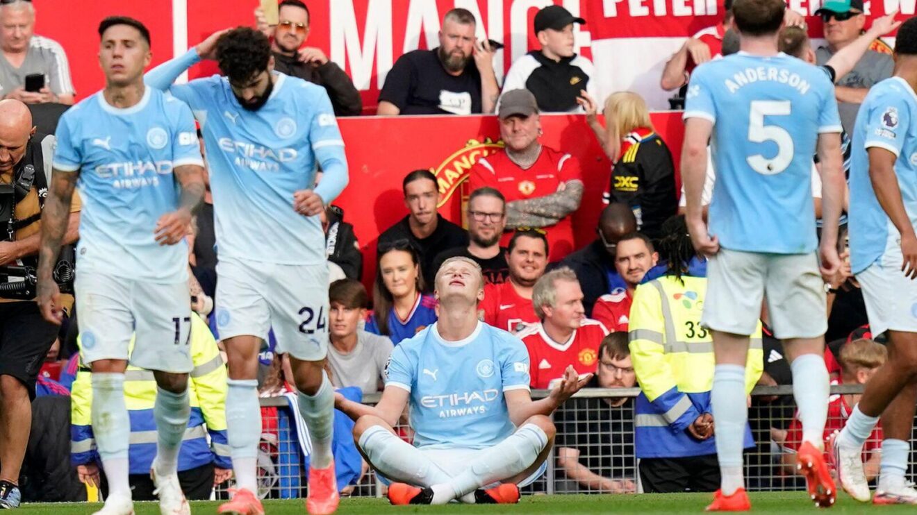 Erling Haaland celebrates his winning goal for Manchester City against Manchester United