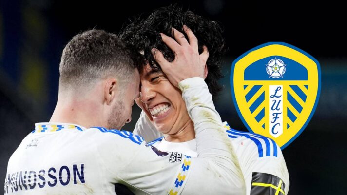 Leeds stars Ao Tanaka and Gabriel Gudmundsson next to the club badge