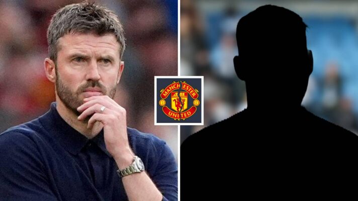 Split image of Manchester United manager Michael Carrick and a shadow, with a broken Manchester United badge in between - copyright F365
