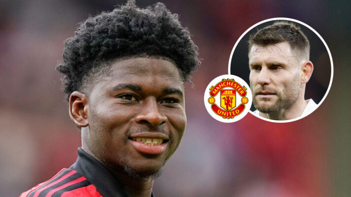 Carlos Baleba, Manchester United badge and James Milner - copyright F365
