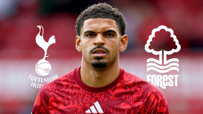 Tottenham Hotspur badge, Morgan Gibbs-White and Nottingham Forest badge - copyright F365