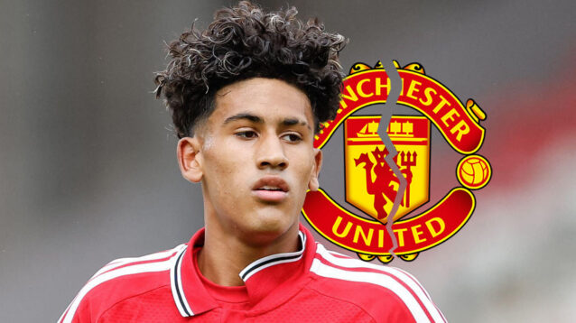 Manchester United teenager JJ Gabriel next to the Manchester United badge - copyright F365