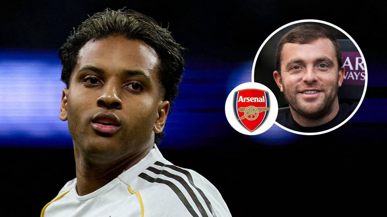Real Madrid winger Rodrygo, Arsenal badge and Fabrizio Romano - copyright F365