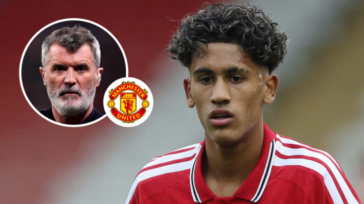 Roy Keane, Man Utd badge and Man Utd youngster JJ Gabriel - copyright F365