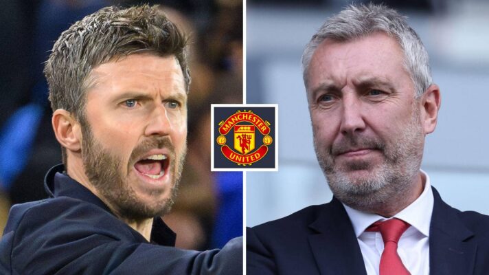 Split image of Manchester United duo Michael Carrick and Jason Wilcox, with the Manchester United badge in between - copyright F365