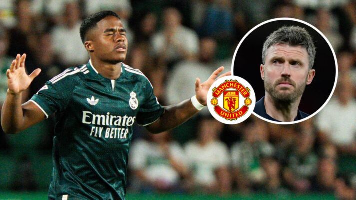 Real Madrid striker Endrick, Manchester United badge and Michael Carrick - copyright F365