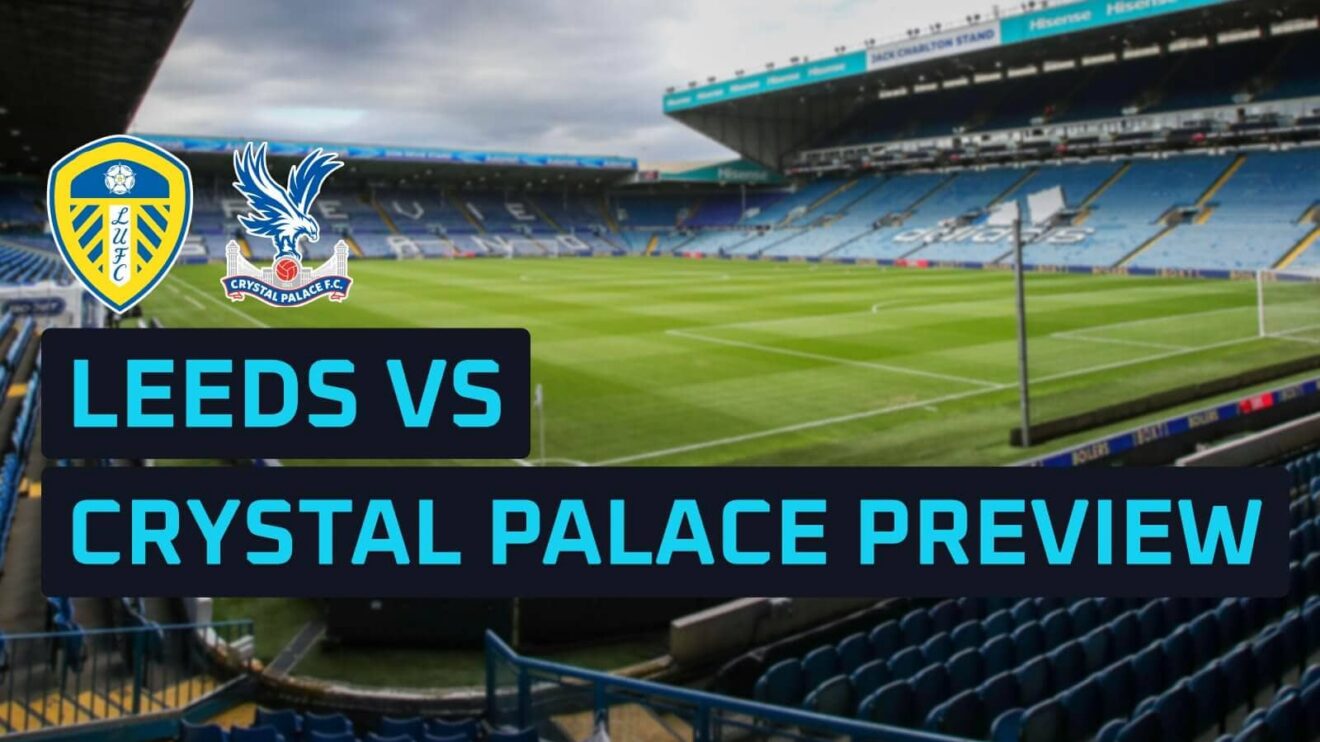 Leeds and Crystal Palace badges on a backdrop of Elland Road