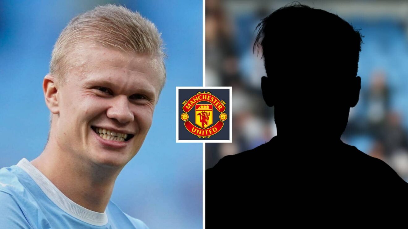 Hole image of Manchester Cosmopolitan void striker Erling Haaland and also a shadow, with the Manchester Joined badge in in between - copyright F365