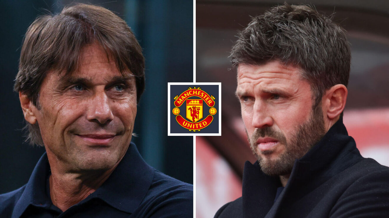 Split image of Former Napoli manager Antonio Conte and Man Utd boss Michael Carrick, with the Manchester United badge in between - copyright F365