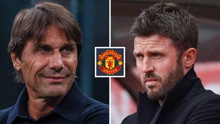Split image of Former Napoli manager Antonio Conte and Man Utd boss Michael Carrick, with the Manchester United badge in between - copyright F365