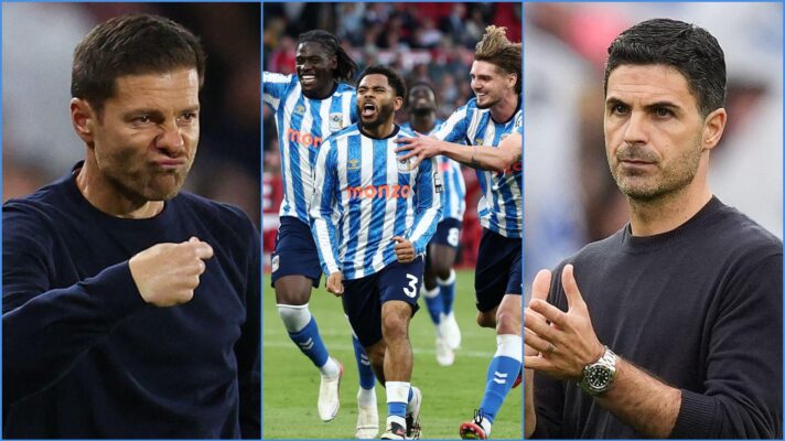 Chelsea manager Xabi Alonso, Coventry players celebrating, and Arsenal coach Mikel Arteta