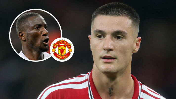 Borussia Dortmund striker Serhou Guirassy, Manchester United badge and Manchester United striker Benjamin Sesko - copyright F365