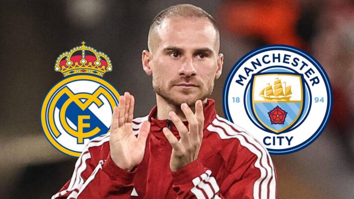 Liverpool midfielder Alexis Mac Allister, Real Madrid and Man City badges