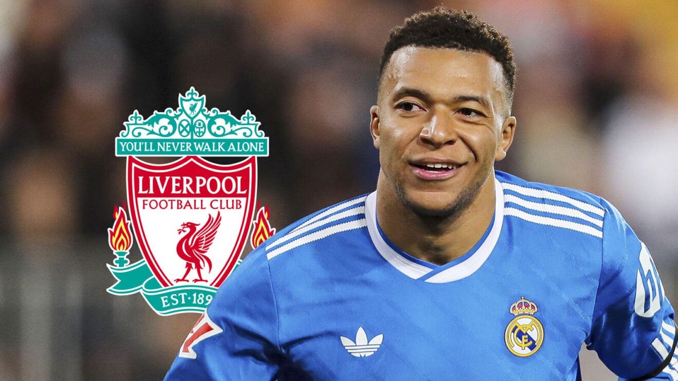 Kylian Mbappe with the Liverpool badge