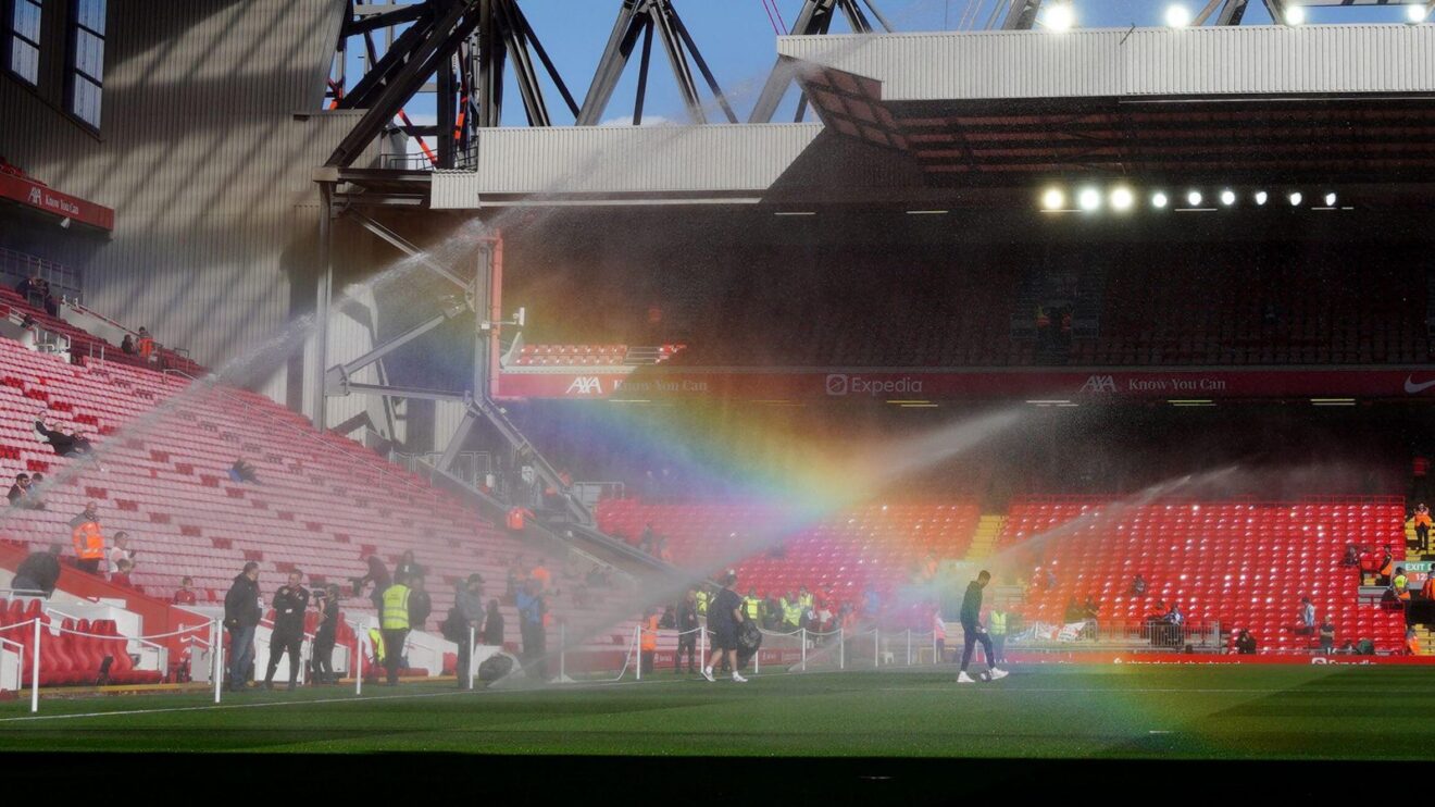 Rainbow sprinkler at Anfield.