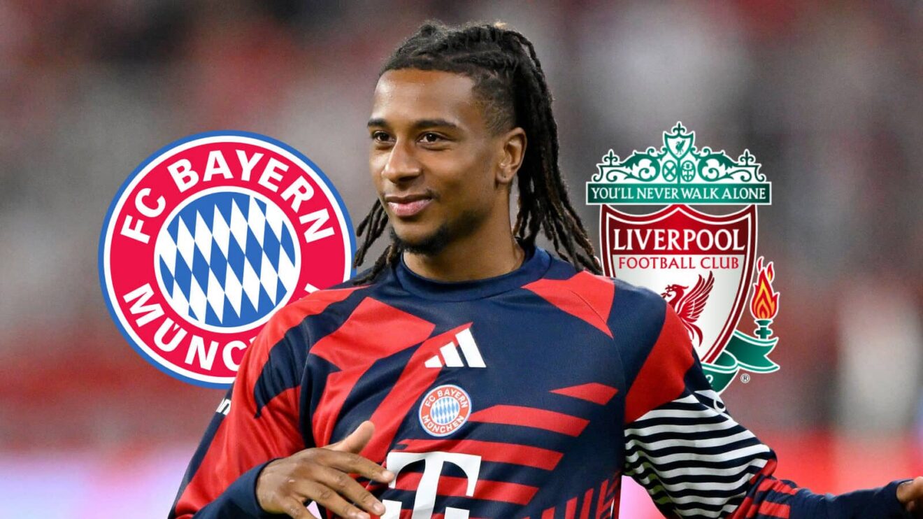 Bayern Munich badge, Michael Olise and Liverpool badge - copyright F365
