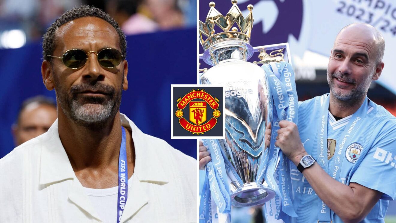 Split image of Manchester United legend Rio Ferdinand and former Manchester City manager Pep Guardiola, with the Manchester United badge in between - copyright F365