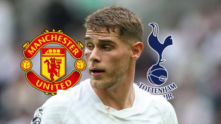 Manchester United badge, Micky van de Ven and Tottenham Hotspur badge - copyright F365