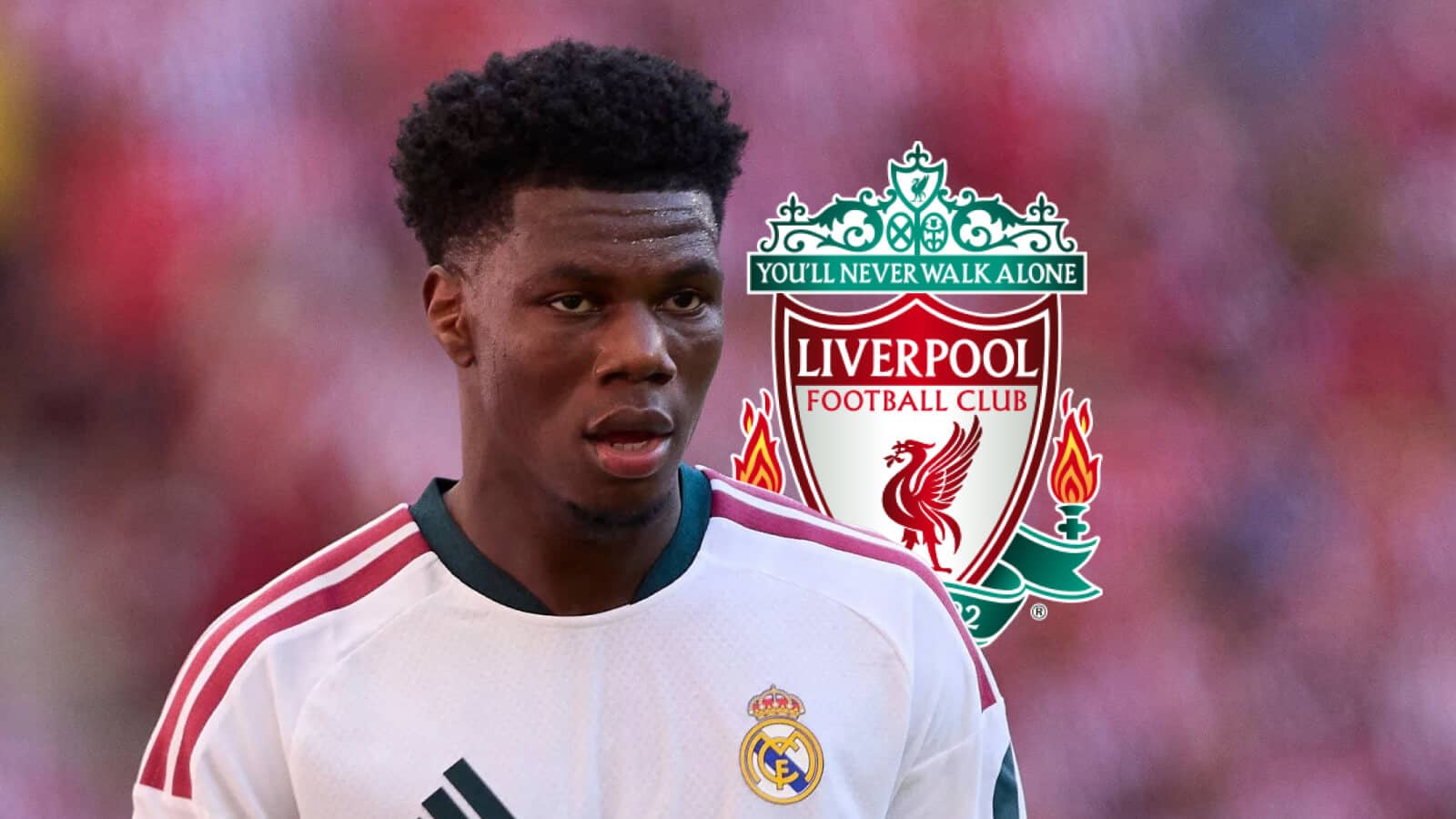 real madrid midfielder aurelien tchouameni liverpool badge
