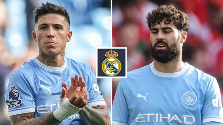 Man City stars Enzo Fernandez and Josko Gvardiol, Real Madrid badge