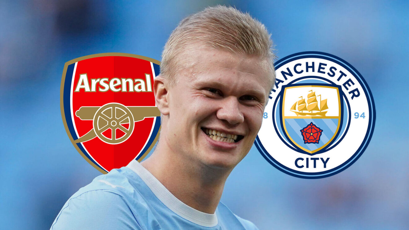 Arsenal badge, Erling Haaland and Manchester City badge - copyright F365