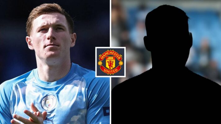 Split image of Manchester City midfielder Elliot Anderson and a shadow, with the Manchester United badge in between - copyright F365