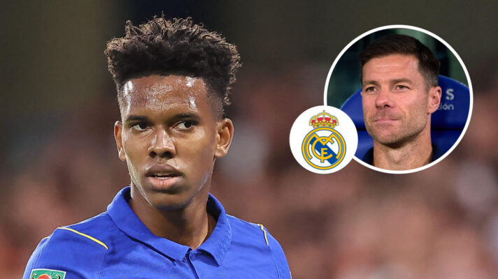 Chelsea winger Estevao, Real Madrid badge and Xabi Alonso - copyright F365